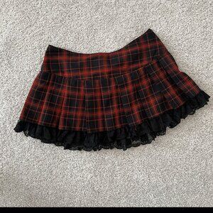 Current Mood Women's Large Red/Black Plaid Lace Schoolgirl Skirt Punk